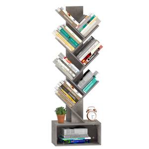 lot 31350 image: Yoobure Tree Bookshelf - 6 Shelf Retro Floor Standing Bookcase, Tall Wood Book Storage Rack for CDsMoviesBooks, Utility Book Organizer Shelves for Bedroom, Living Room, Home Office, Grey