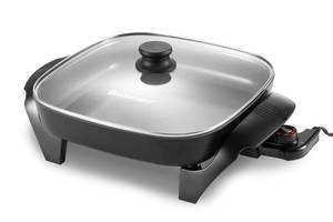 lot 31351 image: Elite Gourmet EG2212 12x12x2.15 Healthy Ceramic Coated Electric Skillet, Dishwasher Safe, Rapid Heat Up, 1200W, Dark Grey