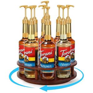 lot 31352 image: THYGIFTREE Rotating Coffee Syrup Organizer 9 Bottles Coffee Syrup Rack for Countertop Wood Syrup Bottle Holder Stand for Coffee Bar Station, Turntable Wine Display Tray