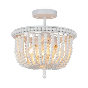 lot 31359 image: White Wood Bead Chandelier, 3-Light Boho Semi Flush Mount Ceiling Light Fixture, Baby Nursery Lighting for Girls Room, Entryway, Hallway, Bedroom, Stairway, Laundry Room, Closet