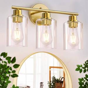 lot 31361 image: CRIRY 3-Light Brushed Gold Bathroom Vanity Lighting Fixtures Over Mirror, Modern Wall Sconces with Clear Glass Shade, Wall Mounted Lamp for Bedroom Hallway Living Room Kitchen,Bulb Not Included