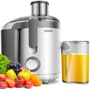 lot 31366 image: Centrifugal GDOR Juicer Machines, 600W Juice Extractor with Titanium Cut Disc, 3 Speeds, 2.5 Feed Chute, for Fruits and Veggies, Anti-Drip, Includes Juice Jug, Cleaning Brush, BPA-Free, White