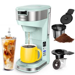 lot 31380 image: Famiworths Hot and Iced Coffee Maker for K Cups and Ground Coffee, 4-5 Cups Coffee Maker and Single-serve Brewers, with 30Oz Removable Water Reservoir, 6 to 24oz Cup Size, Mity Green