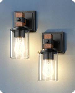 lot 31395 image: EDISHINE Wall Sconces Set of 2, Farmhouse Vanity Lights Fixtures for Bathroom, 1-Light Faux Wood Rustic Bath Wall Mount Lamp with Clear Glass Shade for Hallway, Living Room, Mirror, Kitchen