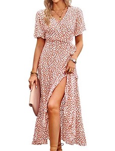 lot 31421 image: Orange Dresses for Women Summer 2023 Bohemian Floral Wrap V Neck Party Maxi Dress M