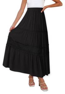 lot 31423 image: MEROKEETY Womens Boho Elastic High Waist Pleated A-line Ruffle Lace Trim Tiered Midi Maxi Skirt with Pockets,Black,M