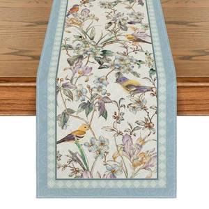 lot 31427 image: Artoid Mode Blue Birds Flowers Blossom Table Runner, Seasonal Spring Floral Kitchen Dining Table Decoration for Home Party Decor 13x72 Inch