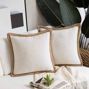 lot 31429 image: Phantoscope Pack of 2 Farmhouse Modern Decorative Throw Pillow Covers Burlap Linen Trimmed Outdoor Pillows Tailored Edges Off White 18 x 18 inches, 45 x 45 cm
