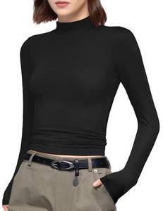 lot 31431 image: PUMIEY Black Long Sleeve Shirts for Women Turtleneck T Shirt Going Out Tops Basic Tee, Jet Black Medium