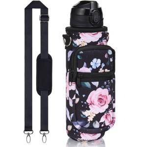 lot 31434 image: Fimibuke 32 oz Water Bottle with Sleeve - BPA Free Leakproof Sport Large 1L Plastic Motivational Water Bottle with Straw & Strap & Insulated Neoprene Holder Carrier Bag for Women Men(A3.Wild Rose)