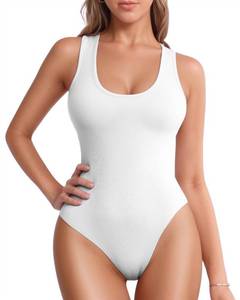 lot 31495 image: MANGOPOP Tank Top Scoop Neck Bodysuits for Women Sleeveless Racerback Ribbed Basic Bodysuit(X-Small,White)