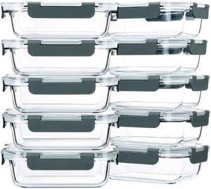 lot 31521 image: M MCIRCO 10-Pack,22 Oz Glass Meal Prep Containers,Glass Food Storage Containers with lids,Glass Lunch Containers,Microwave, Oven, Freezer and Dishwasher (Gray)