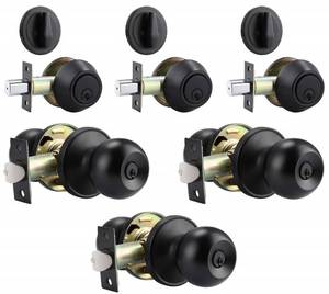 lot 31534 image: 3 Pack Entry Door Knob and Single Cylinder Deadbolt Combination Set, Keyed Alike, Flat Black Entry Entrance Keyed Round Door Knobs Lockset with Deadbolt Lock Set for ExteriorFront Door