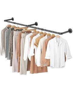 lot 31536 image: OROPY Clothes Rack, 65.7 Industrial Pipe Clothing Rack for Hanging Clothes, Wall Mounted Heavy Duty Space Saving Garment Rack for Closet Storage, Black, 3 Base