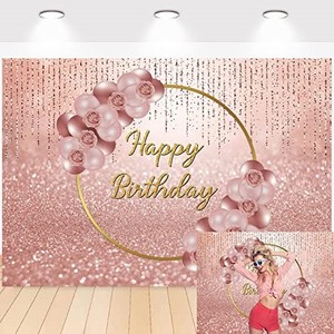 lot 31558 image: Rose Gold Happy Birthday Backdrop Pink Rose Gold Floral Balloon Bokeh Photography Background Women Sweet Girl Birthday Party Decor Props 8x6FT