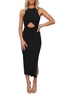 lot 31595 image: HUUSA Womens Autumn Crisscross Sleeveless Spring Midi Dress Elegant Sexy Cut Out Knot Twisted Side Slit Ruched Bodycon Cocktail Party Formal Pencil Belted Dresses Black Small