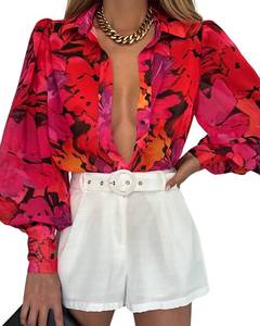 lot 31599 image: BTFBM Women Fashion Button Down Shirts Lapel V Neck Printed Boho Long Sleeve Blouses Dressy Casual Summer Spring Tops(Floral Red, XX-Large)