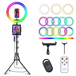 lot 31618 image: 10 Selfie Ring Light with 63 Tripod Stand & 3 Phone Holder, LED Camera Ringlight with 48 RGB Colors Modes & Musical Rhythm Mode and 12 Brightness Dimmable for MakeupPhotographyVideosVlogTikTok