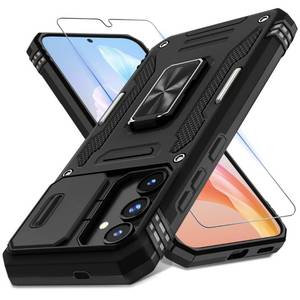 lot 31641 image: DEERLAMN for Samsung Galaxy S24 Case with Slide Camera CoverScreen Protector (1 Pack), Rotated Ring Kickstand Military Grade Shockproof Protective Cover-Black