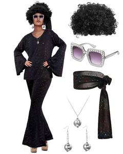 lot 31656 image: Jexine Halloween 70s Womens Disco Costume Set Lady Disco Party Top Pants Sunglasses Ball Necklace Earring Explosive Wig (Glitter Style,XX-Large)