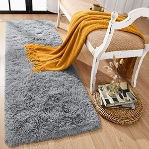 lot 31663 image: Rtizon Soft Shag Runner Rug for Bedroom, 2x6 Feet Fluffy Rugs with Non-Slip Bottom for Hallway Bedside Living Room Dorm, Furry Area Rug for Indoor Home Decor, Grey