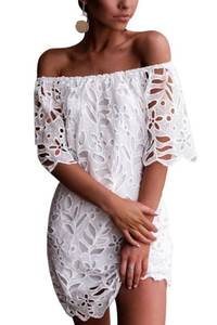 lot 31667 image: PRETTYGARDEN Womens Summer Off Shoulder Vintage Floral Lace Flare Short Sleeve Loose Elegant Mini Dress (White,Large)