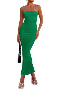 lot 31678 image: PRETTYGARDEN Women Sleeveless Long Tube Dress Sexy Strapless Y2K Beach Bodycon Maxi Dress (Green,Small)