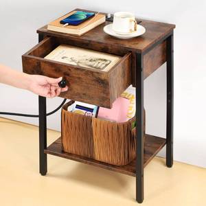 lot 31690 image: Nightstand, End Table with Storage Drawer and Open Wood Shelf, Side Table with USB Ports and Power Outlets, Bedside Table for Small Spaces and Bedroom, Rustic Brown