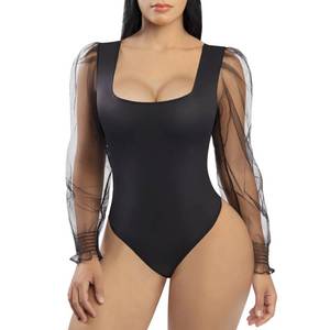 lot 31700 image: FeelinGirl Sheer Mesh Square Neck Bodysuit for Women Thong Bodysuit Long Sleeve Tops Basic Body Suits Black M