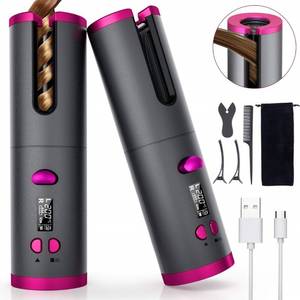 lot 31709 image: Fezax Cordless Auto Hair Curler, Automatic Curling Iron with LCD Display Adjustable Temperature & Timer, Portable Rechargeable Rotating Ceramic Barrel Curling Wand Fast Heating for Hair Styling
