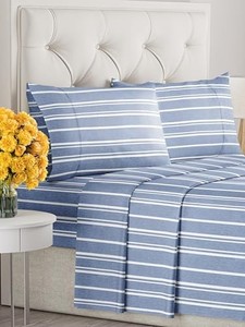 lot 31737 image: King Size 4 Piece Sheet Set - Comfy Breathable & Cooling Sheets - Hotel Luxury Bed Sheets for Women & Men - Deep Pockets, Easy-Fit, Soft & Wrinkle Free Sheets - Blue Stripes Oeko-Tex Bed Sheet Set