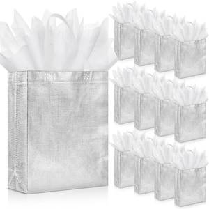 lot 31747 image: Sweetude 12 Set Bridesmaid Gift Bags with Handles Reusable Gift Bags Glossy Non Woven with Tissue Paper Glitter Bachelorette Bags for Wedding Birthday Baby Shower(Silver, 10 x 8 x 4 Inch)