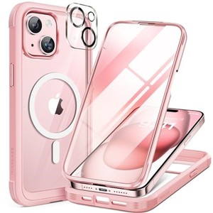 lot 31757 image: Miracase Glass Series for iPhone 15 Case Compatible with MagSafe Full-Body Magnetic Case with Built-in 9H Tempered Glass Anti-Fingerprint Screen Protector  Camera Lens Protector, Pink and Clear
