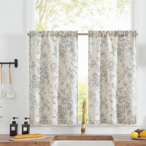 lot 31763 image: jinchan Floral Kitchen Curtains Linen Tier Curtains Grey Flower on Beige Cafe Curtains 36 Inch Length Living Room Bedroom Bathroom Farmhouse Rustic Country Curtains Rod Pocket 2 Panels