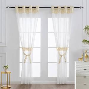 lot 31767 image: L.Z.E Gold and White Sheer Curtains 84 Inches Long for Living Room, White Elegant Curtains with Design, Linen Look Sheer Curtains with Glod Pattern,Grommet Top 2 Panels Set (56 W x 84 L Gold)