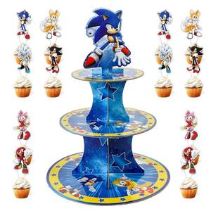 lot 31782 image: Cupcake Stand for Sonic Birthday Party Supplies with 12pcs Sonic Cake Toppers, Sonic Cupcake Holder for Birthday Decorations,3 Tier Cupcake Stand for 24 Cupcakes, Blue Dessert Stand for Kids Cake