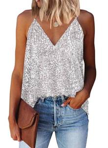 lot 31788 image: miduo Womens Tank Tops Summer Casual Fashion Sequin V Neck Strappy Tanks Tops Cami Shirts Sleeveless Tops Blouses for Women Silver L