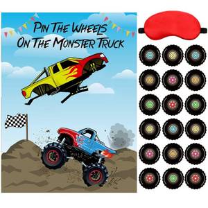 lot 31794 image: Chinco 38 Pieces Truck Party Games Pin The Wheels on The Truck, Truck Poster with Blindfolds and Stickers Pin The Tail Games for Truck Birthday Party Supplies