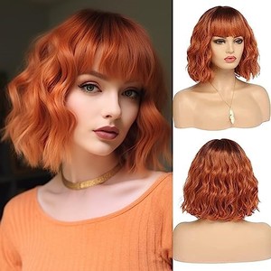 lot 31802 image: BESTUNG Short Copper Red Wigs for Women Fox Red Wig Ombre Red Dark Root Culy Bob Wigs with Bangs Ginger Hair Wig Wavy Synthetic Wigs(12Inches)