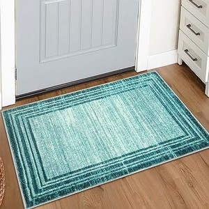 lot 31826 image: Lahome Modern Abstract 2x3 Teal Entryway Throw Rug,Washable Rubber Backing Non-Slip Entry Rug Stain Resistant Front Door Indoor Mat,Minimalist Bordered Soft Small Bedroom Carpet