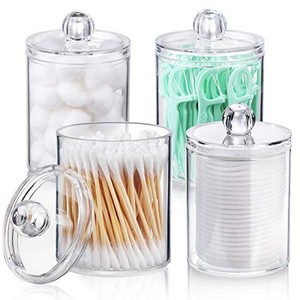 lot 31884 image: 4 PACK Qtip Holder Dispenser for Cotton Ball, Cotton Swab, Cotton Round Pads, Floss Picks - Small Clear Plastic Apothecary Jar Set for Bathroom Canister Storage Organization, Vanity Makeup Organizer