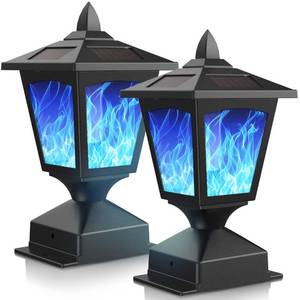 lot 31900 image: Solar Post Flame Light,Outdoor Deck Fence Post Cap LED Light,Waterproof 4x4 5x5 6x6 Black Post Top Solar Powered Light with Flickering Flame for Garden Outside,2 Pack, Black-Blue Light