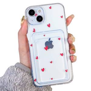 lot 31925 image: NITITOP Compatible for iPhone 13 Case Clear with Card Holder, Cute Heart Pattern Love Design for Women Girl, Protective Soft TPU Shock-Absorbing Wallet Case for iPhone 13-Red Heart