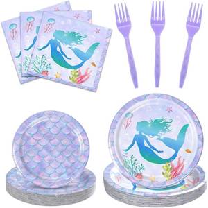 lot 31935 image: pewatul Mermaid Birthday Party Supplies-Plates and Napkins Set for 24 Guests,Mermaid Party Decorations Tableware Plate, Fork, Napkins for Baby Shower Birthday Wedding 96 Pcs