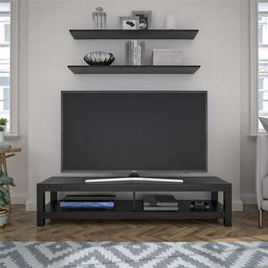 lot 5052 image: Mainstays Parsons TV Stand for TVs up to 65 Black Oak - Retail $78