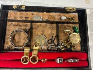 lot 35 image: Misc jewelry, cuff links, watch parts, specialist ranks, coins