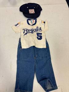 lot 57 image: Vintage Baby outfit, 9 month royals shirt, denim pants size 5, lil slugger cap