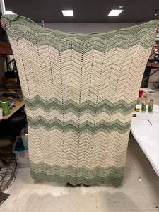 lot 68 image: Vintage chevron green and white afghan