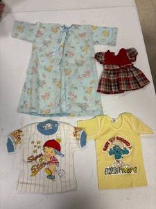 lot 75 image: 4- Vintage baby shirts, and doll dress, handmade baby robe