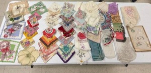 lot 85 image: 53- Vintage hankies, 1 tea towel, Victorian era, embroidered, cotton, silk